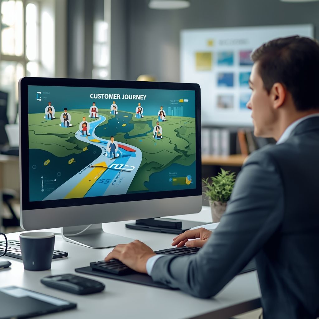 Business professional analyzing customer journey on computer screen to improve website