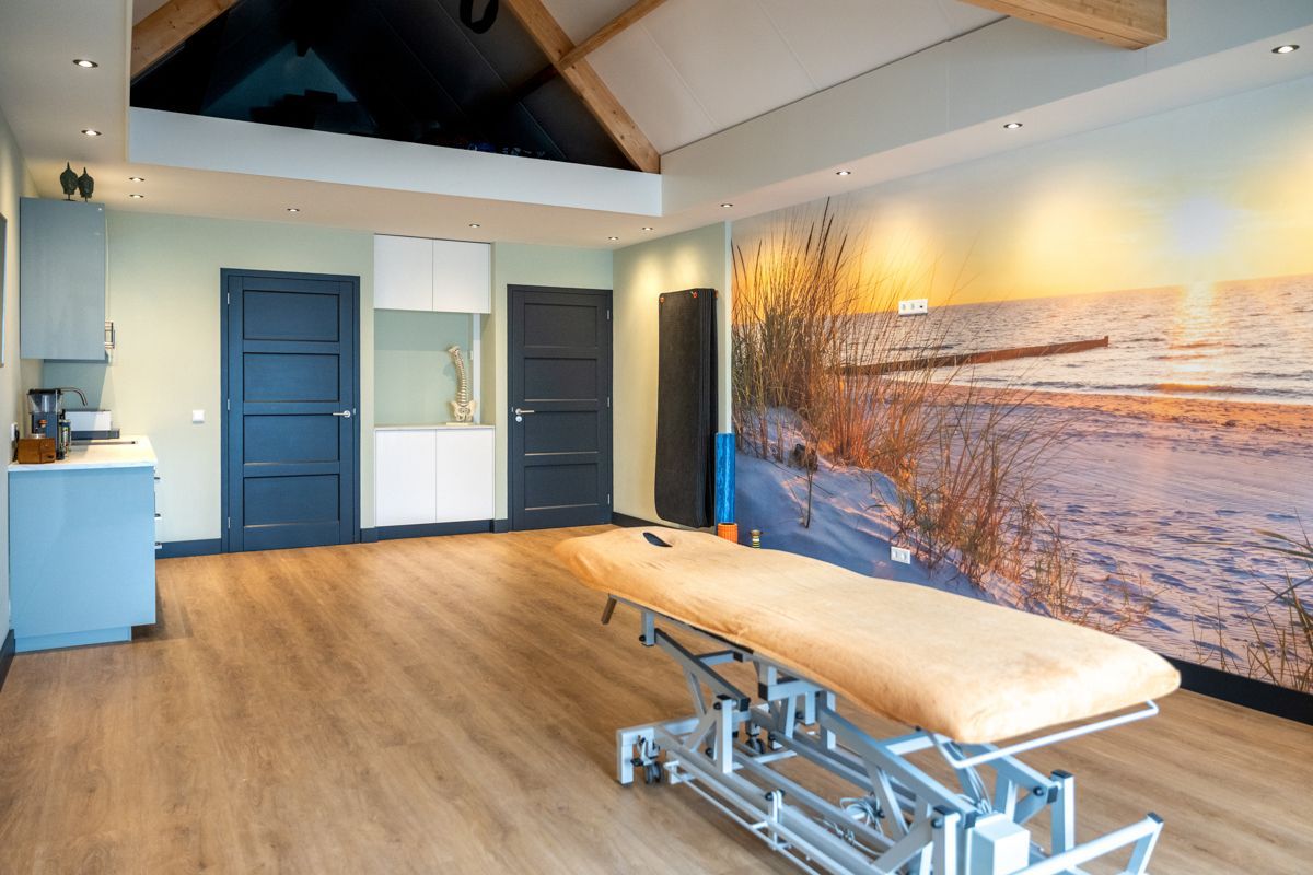 Fysiotherapieruimte met behandelbank, strandmuurschildering, blauwe deuren en houten balken.