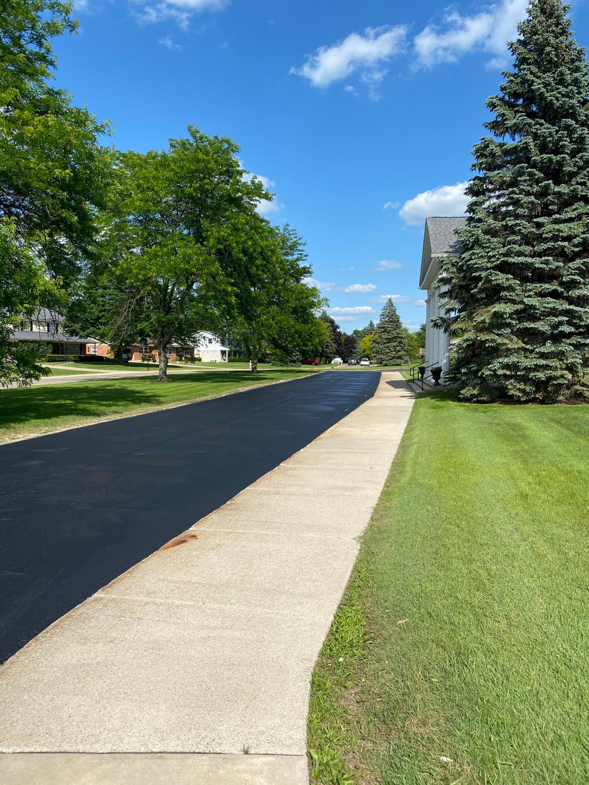 A sidewalk along a road with trees on both sides