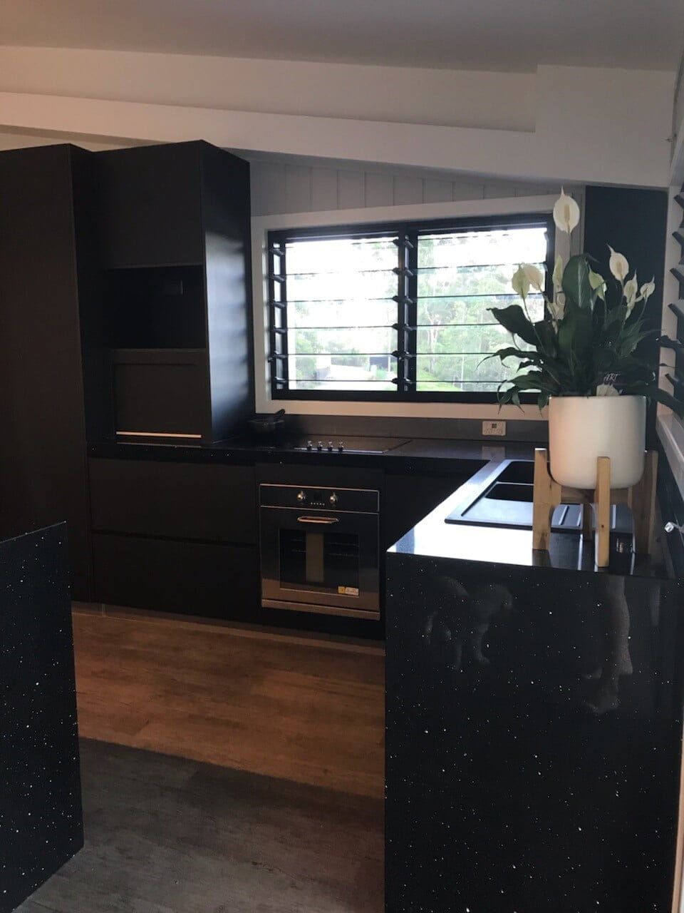 A Kitchen With Black Cabinets And A Plant On The Counter — Cross Cabinets In Chevallum, QLD