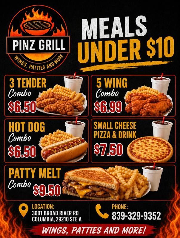 Pinz Grill flyer with meals under $10, featuring wings, hot dogs, pizza, and patty melts.