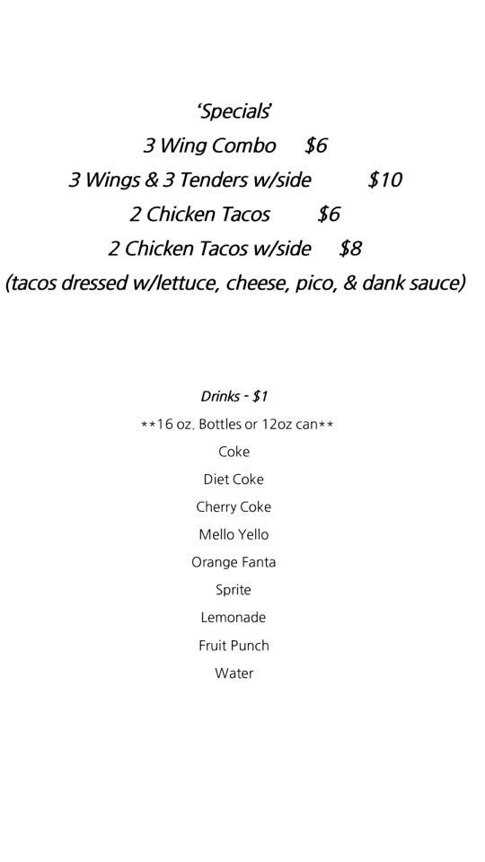 Menu with specials: wing combos, chicken tacos, and drinks.