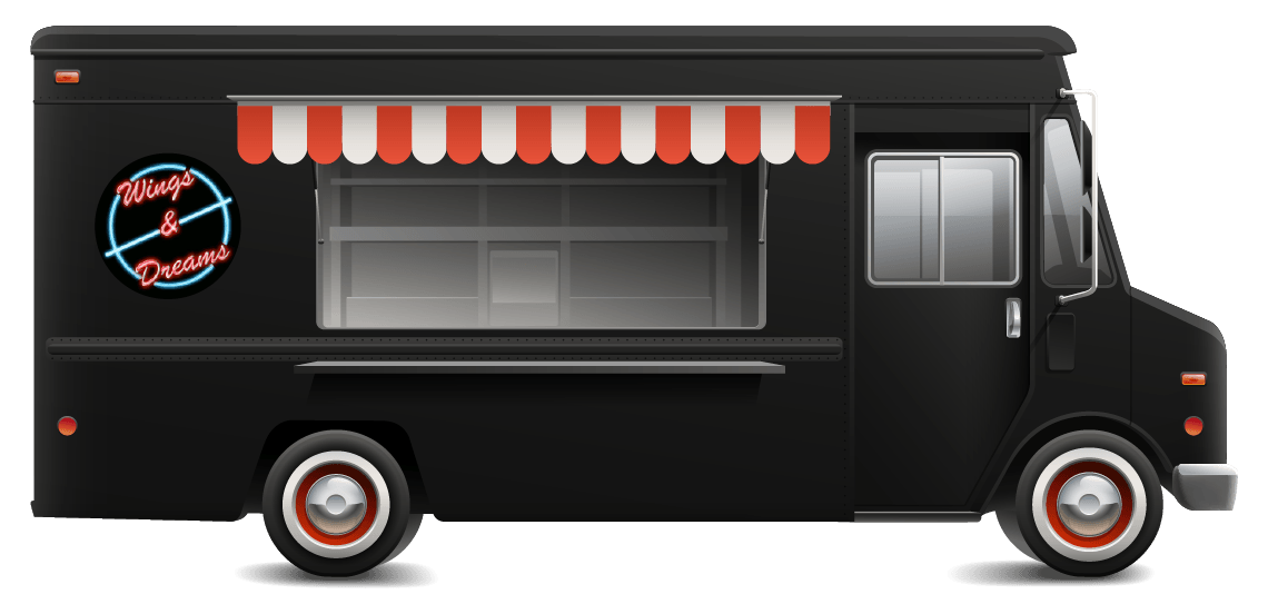 Black food truck with a red and white awning, serving window, and signage.
