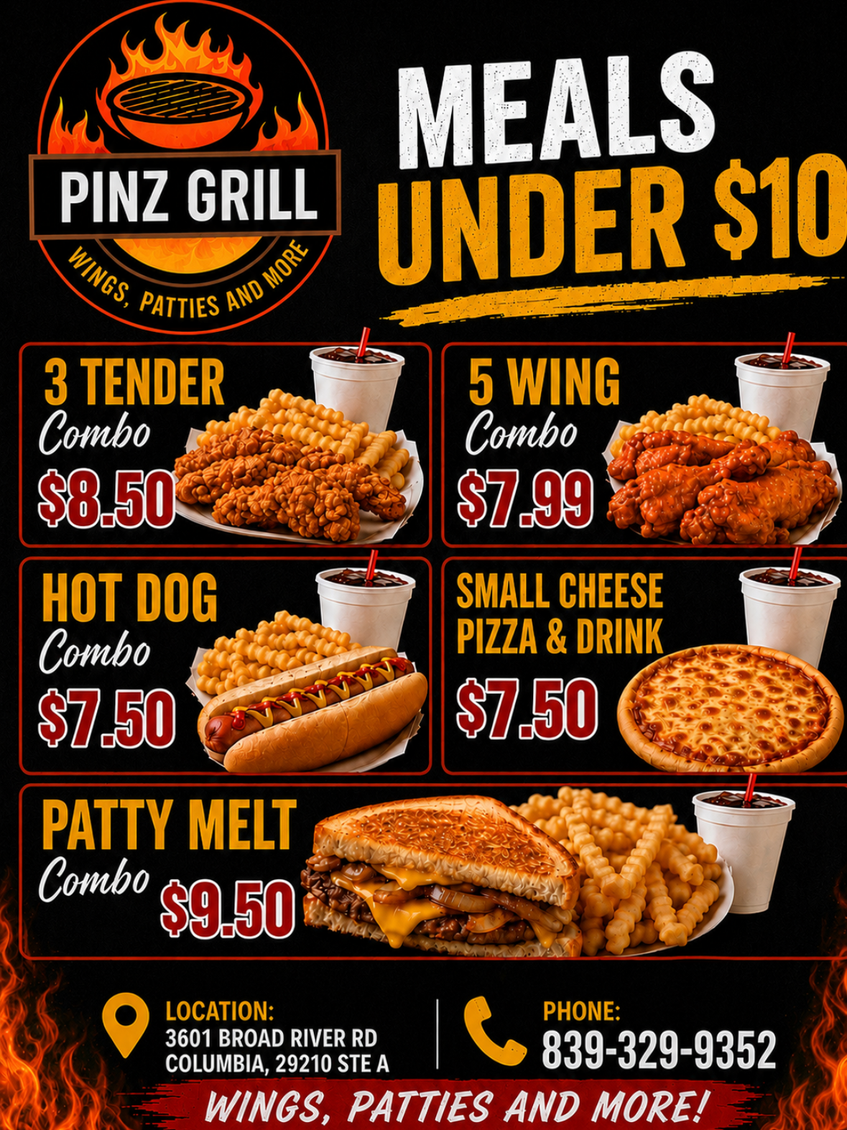 Pinz Grill flyer with meals under $10, featuring wings, hot dogs, pizza, and patty melts.