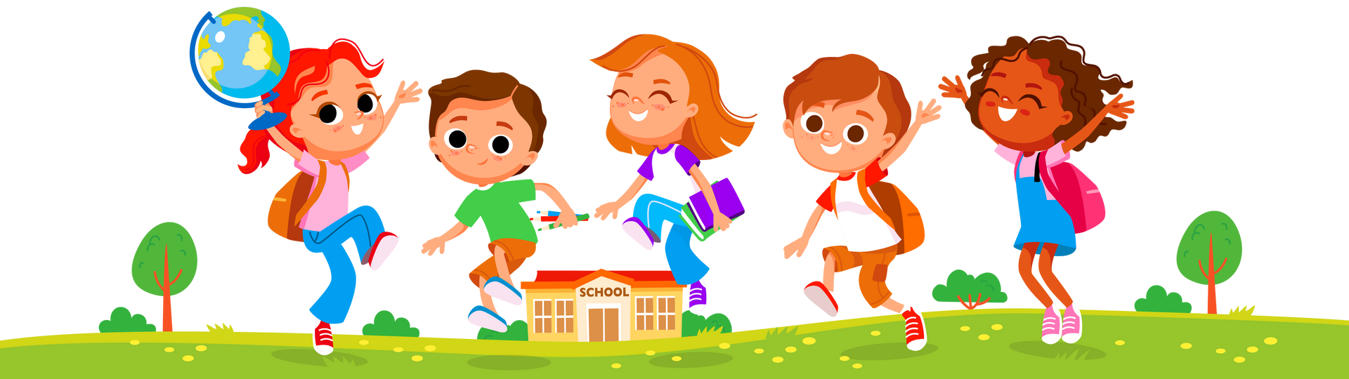 A group of children are standing in front of a school building.