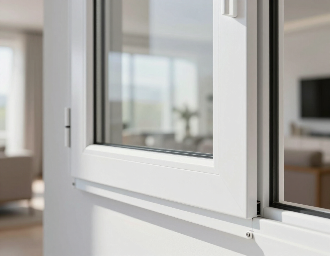 Un primo piano di un telaio di finestra bianco e moderno, leggermente aperto, sullo sfondo sfocato di un interno abitativo.