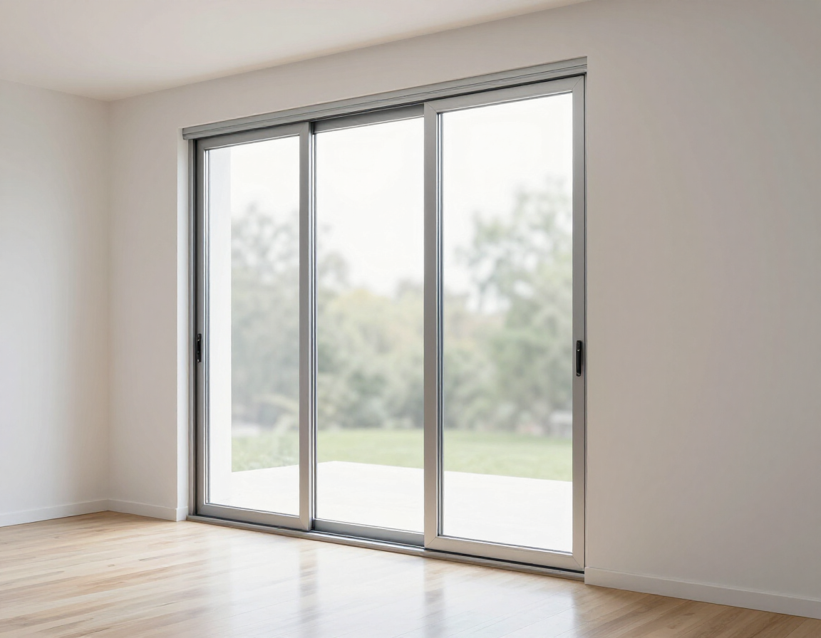 In una stanza minimalista con pavimento in legno chiaro, una porta scorrevole in vetro con cornice argentata si apre su una vista esterna.