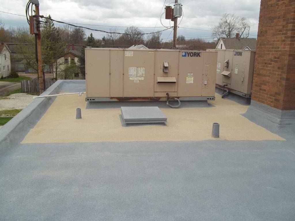 Rooftop HVAC units on a flat roof beside a brick wall and gravel surface.