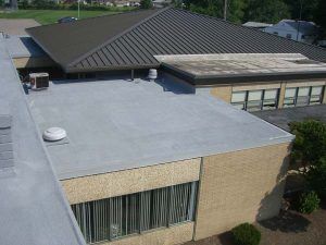 Aerial view of a flat-roofed building with beige walls and large windows adjacent to a larger brown-roofed structure