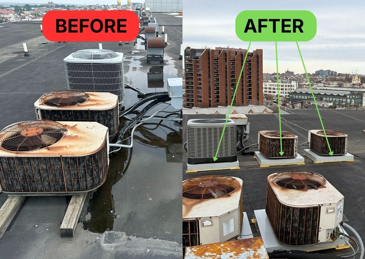 Rooftop before-and-after showing damaged HVAC units replaced with new green units and repaired rooftop area