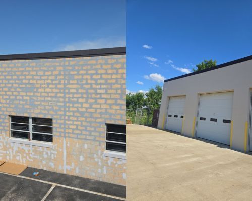 Exterior of a beige building with peeling paint and a long side wall beside a grassy path