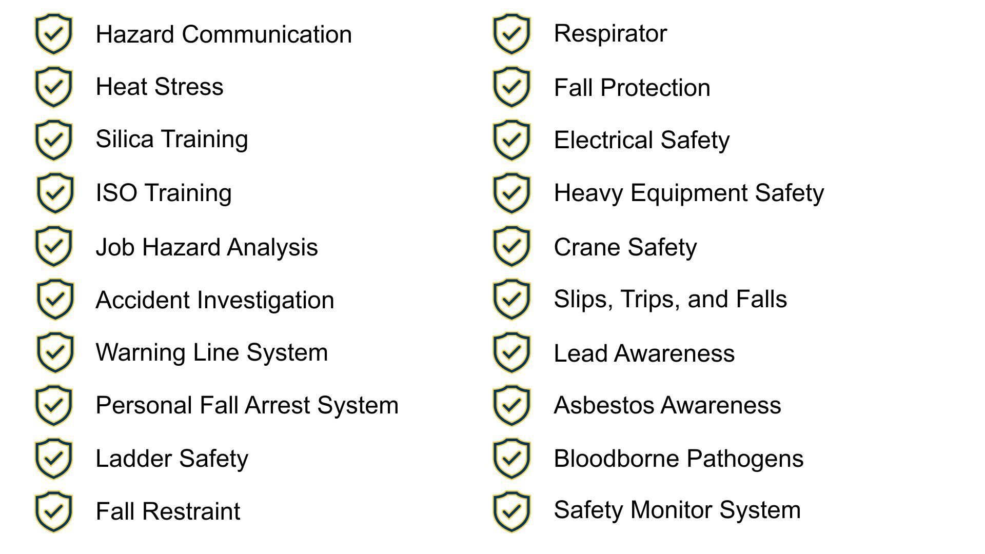 Checklist of workplace safety topics with green check icons in two columns on a white background