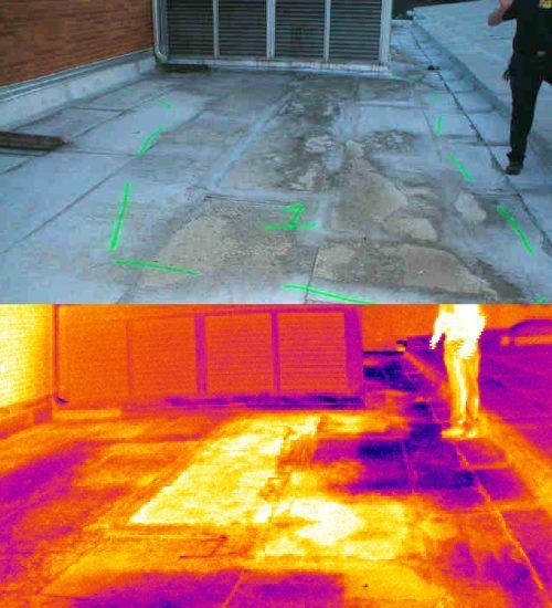 Side-by-side street view and thermal view of a pavement, with a person standing at the right.