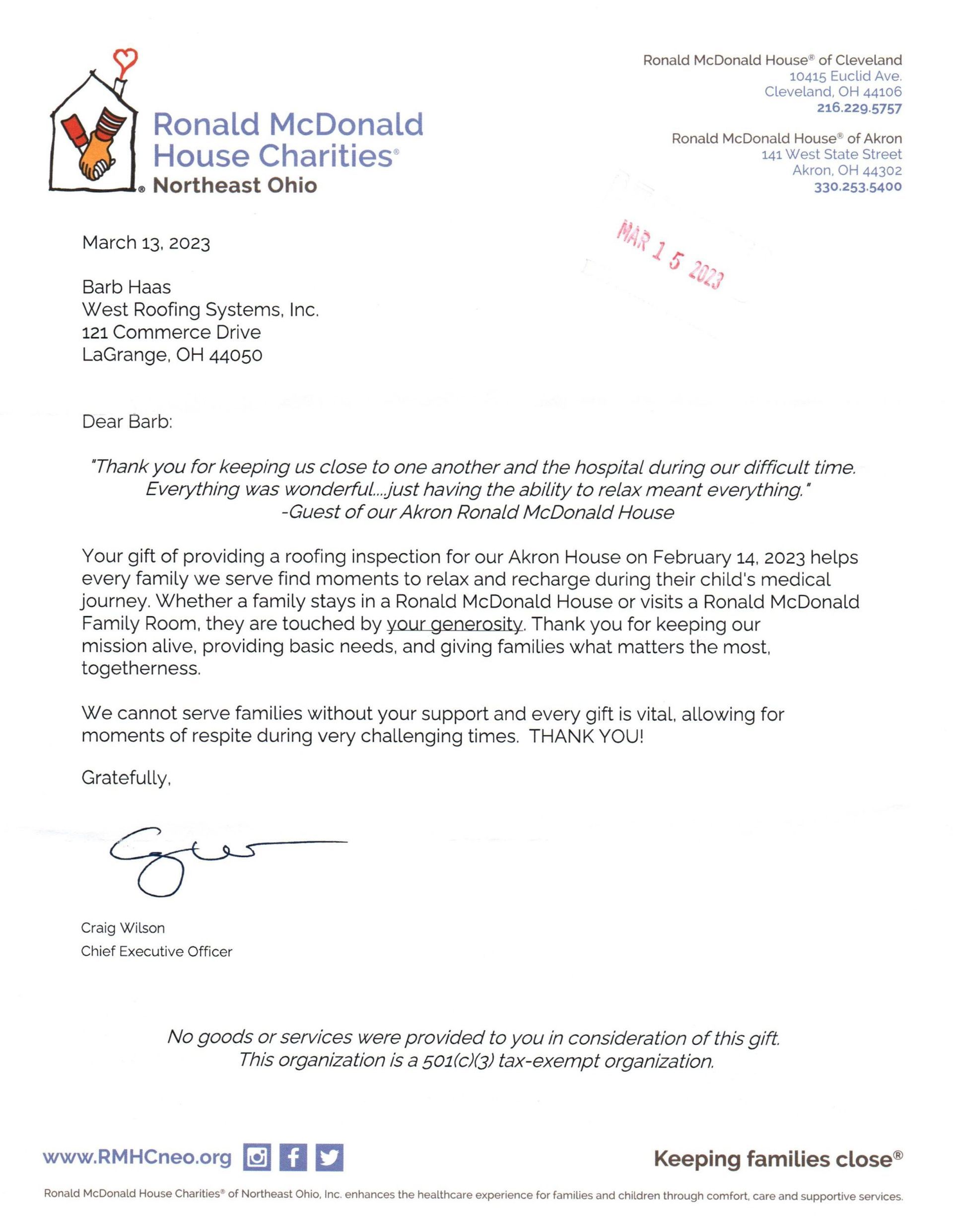 Letter from Ronald McDonald House Charities on white paper with logo and signature.