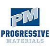 PM Progressive Materials logo in blue and gray text with a stylized blue roof icon