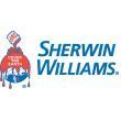 Sherwin-Williams logo with blue text and a red paint bucket mascot holding a brush