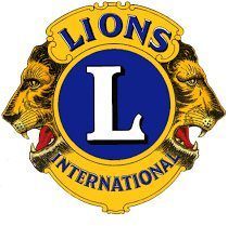Lions International logo with two lion heads flanking a blue circle and gold “L” emblem