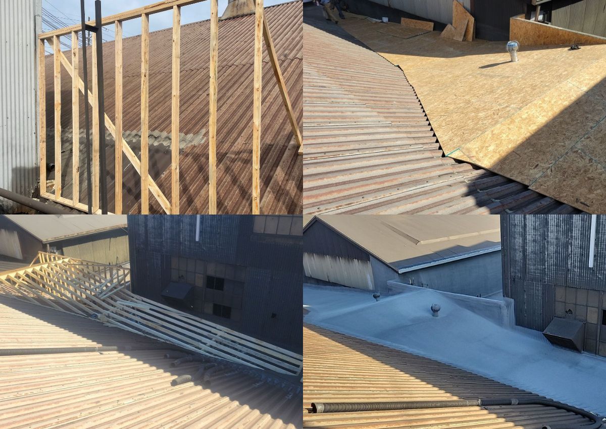 Rooftop construction with wooden framing, sloped roof surfaces, and blue tarp-covered sections.