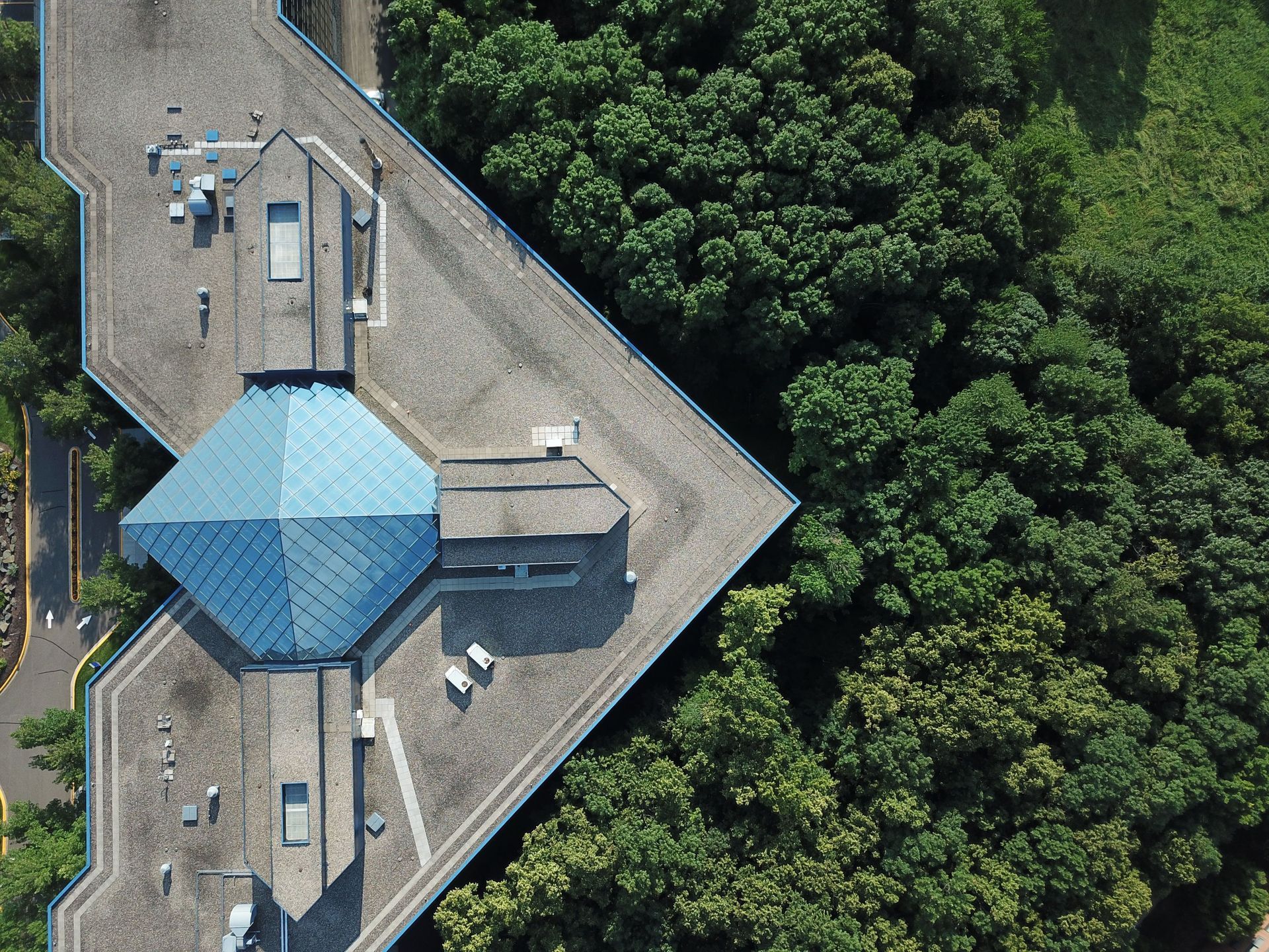 Aerial view of a house with a blue roof beside dense green trees.