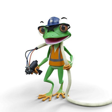 Green cartoon frog wearing a hard hat and safety vest, holding a tool with a hose attached.