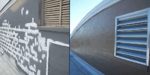 Side-by-side view of a wall with white graffiti and the same wall cleaned, showing a vent.