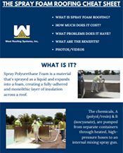 Spray foam roofing cheat sheet with logo, questions, and two roof spray illustrations