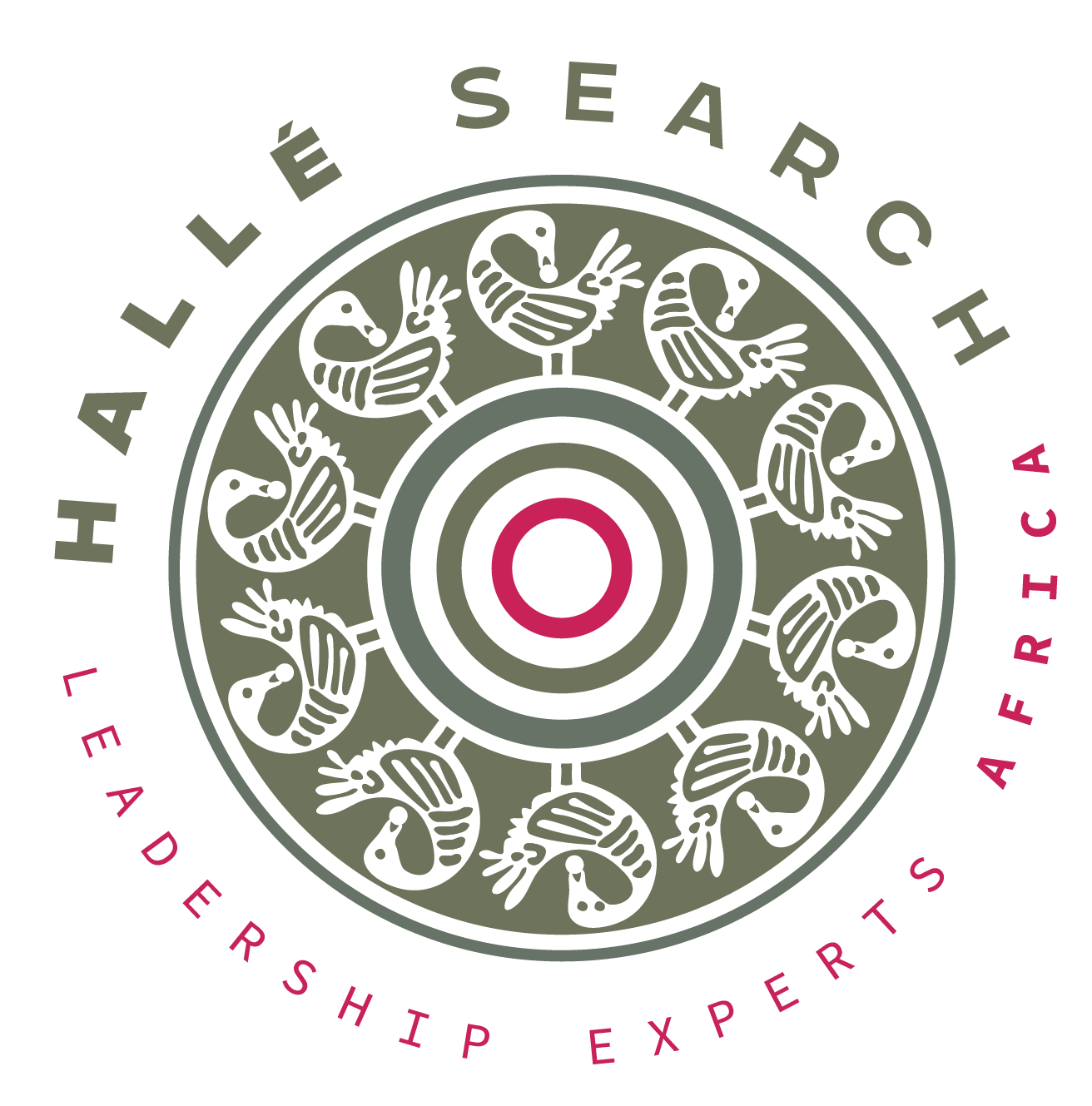 Halle Search Africa logo: circular design with birds encircling concentric rings; 
