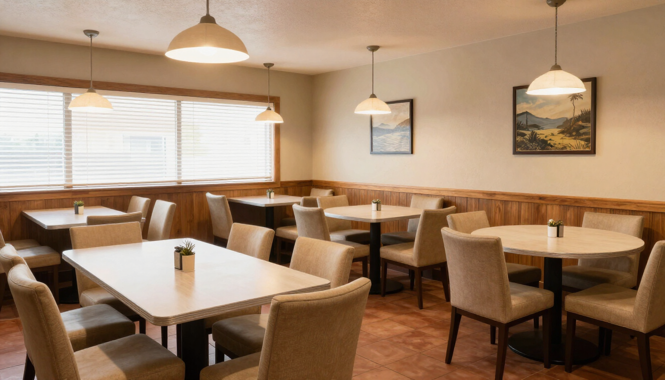 Empty restaurant dining area with wooden booths, beige chairs, pendant lights, and framed wall art