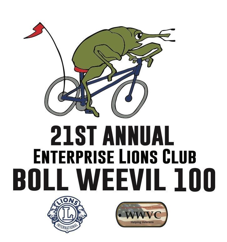 Cartoon boll weevil on a bicycle with a red flag; Enterprise Lions Club Boll Weevil 100 race logo.