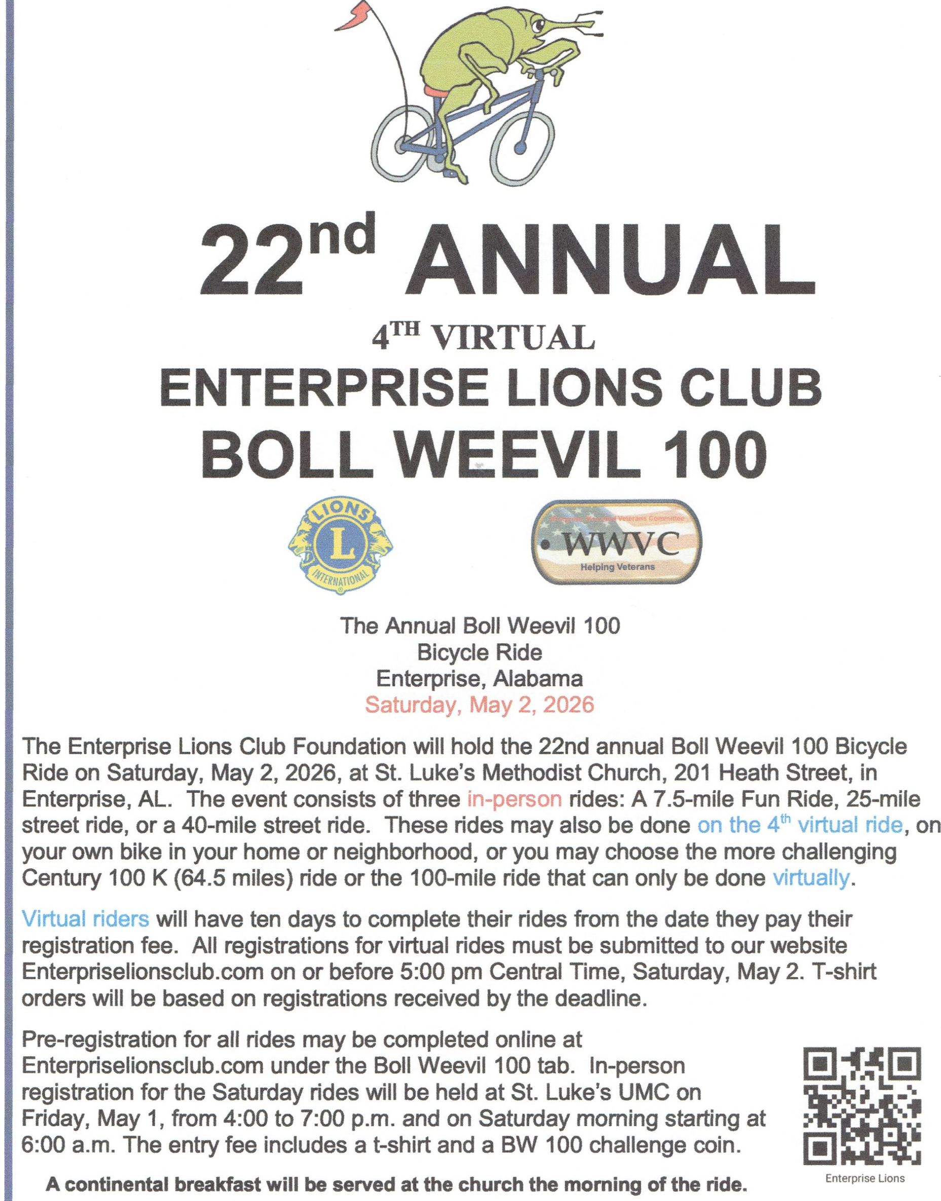 Flyer for the 21st Annual Enterprise Lions Club Boll Weevil 100 bike ride in Enterprise, Alabama, May 1, 2023.
