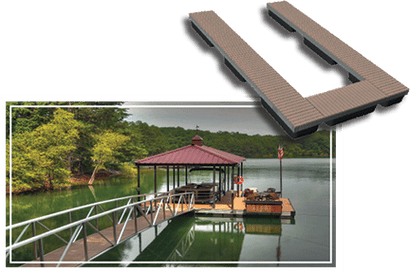Composite dock on a lake with a covered gazebo and aluminum walkway.
