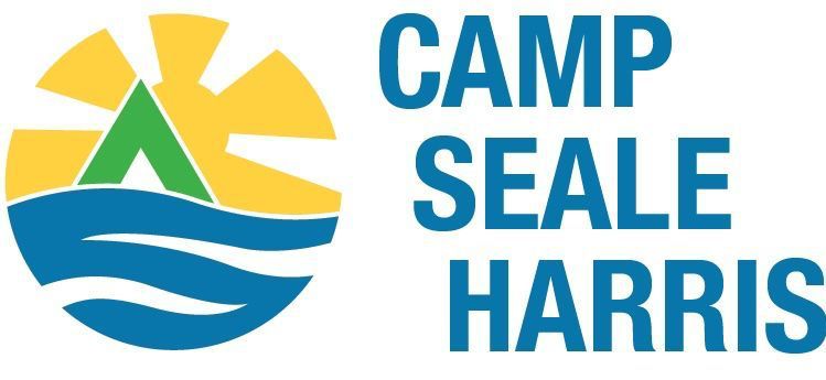 Logo of Camp Seale Harris with sun, mountain, and water design in blue, green, and yellow.
