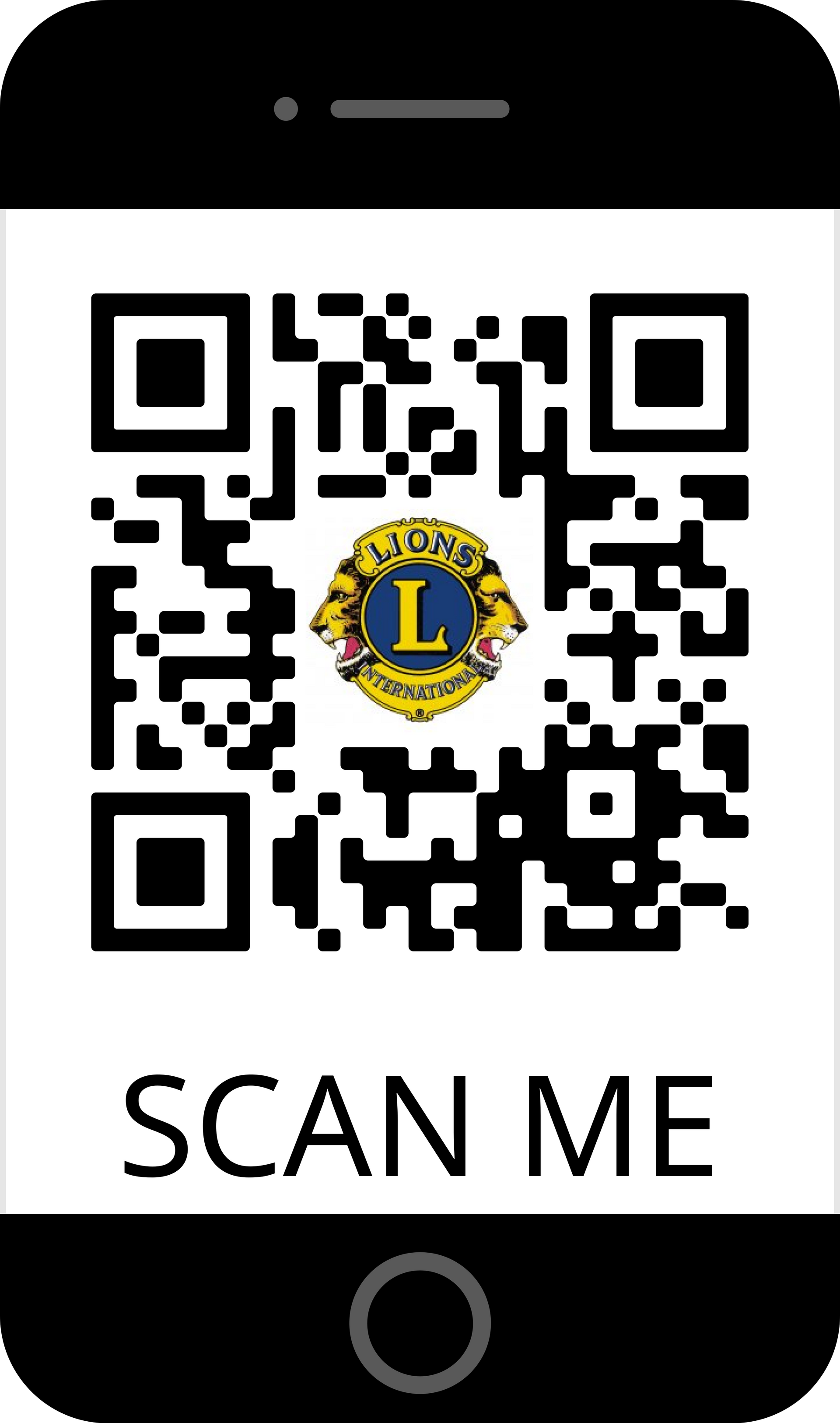 Smartphone displaying a QR code with Lions Clubs International logo; text