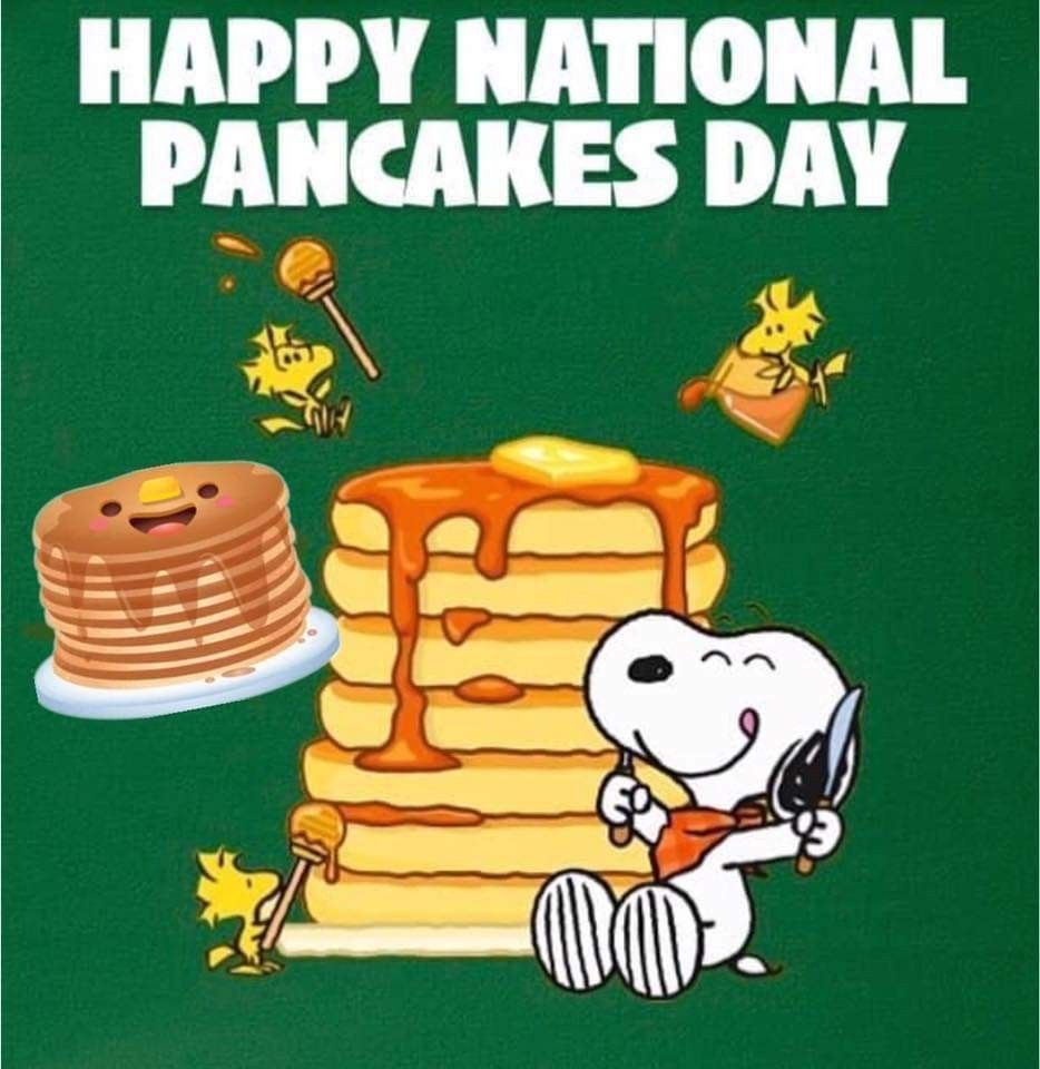 Snoopy and Woodstock celebrate National Pancake Day. Stack of pancakes with butter and syrup. Cartoon style.