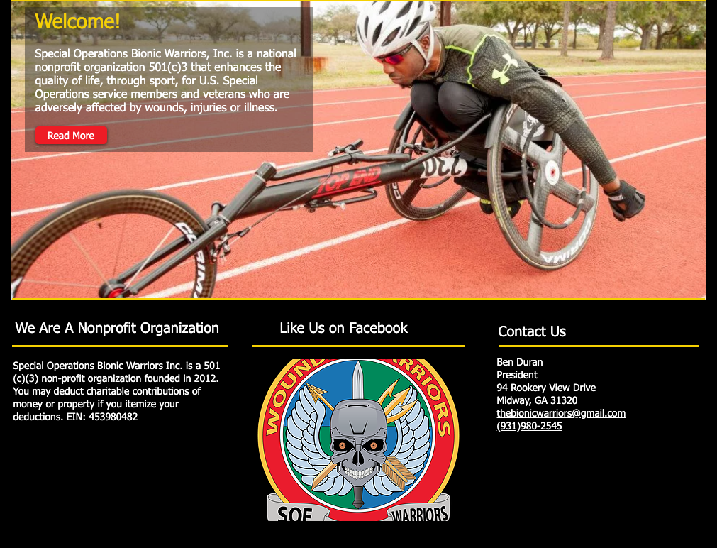 Man in wheelchair racing gear on a track, website for Special Operations Bone Warriors Inc., logo.