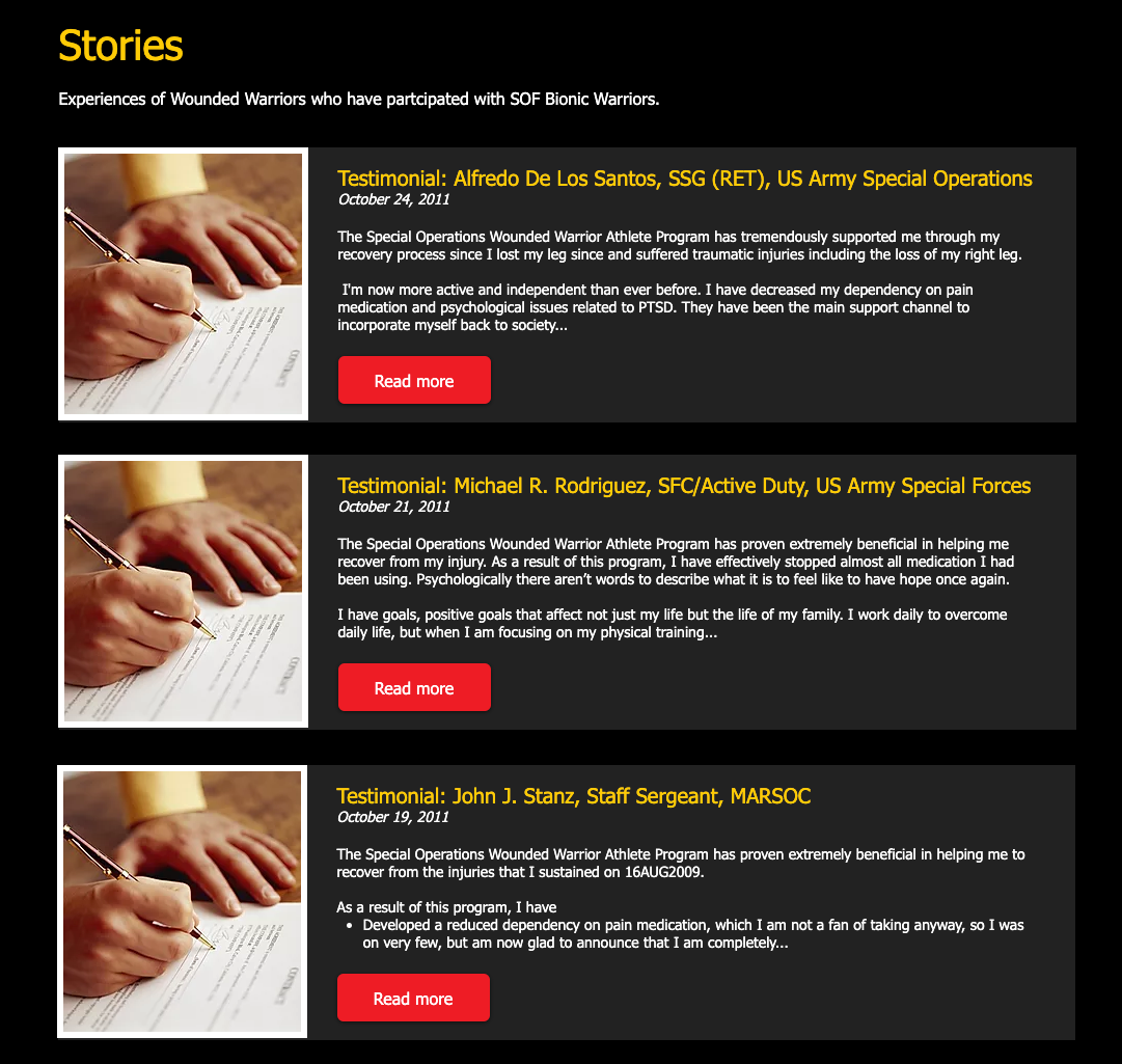 Testimonials from US Army veterans, displayed on black background with hands writing.