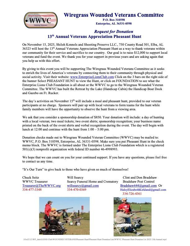 Flyer for the 15th Annual Veterans Appreciation Pheasant Hunt, organized by Wiregrass Wounded Veterans Committee.