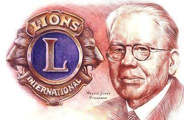 Lions International logo with a portrait of Melvin Jones, the founder, wearing glasses.