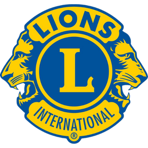 Lions Clubs International logo: Blue and gold emblem with lion heads, the word 