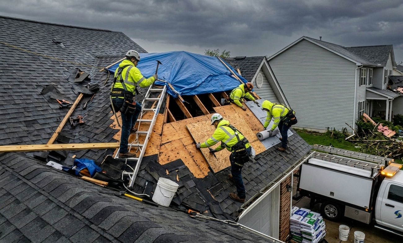 Roofers repairing storm-damaged roof under blue tarp, with ladders and plywood on a cloudy day.
