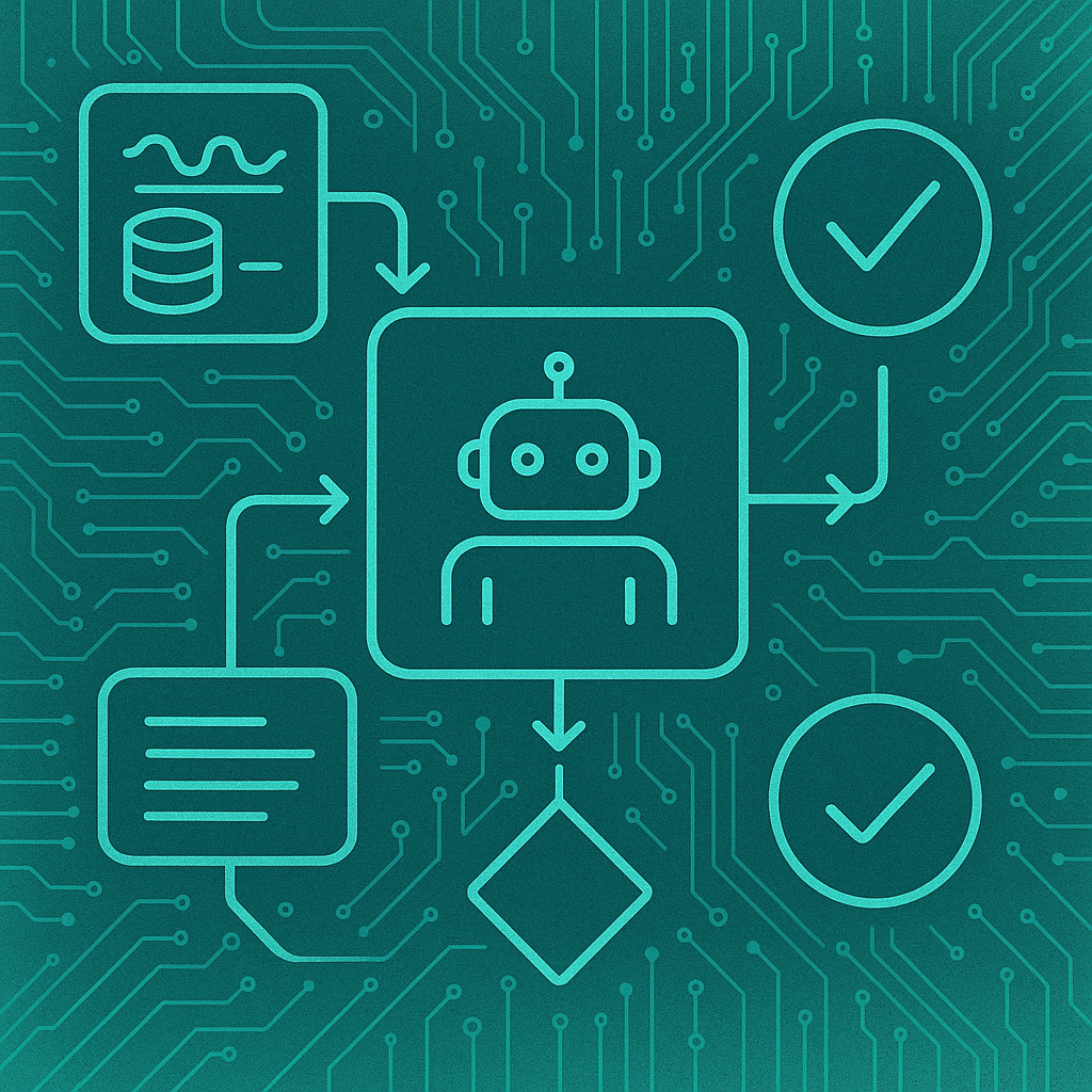 AI Agent working with processes to take action. Green background.