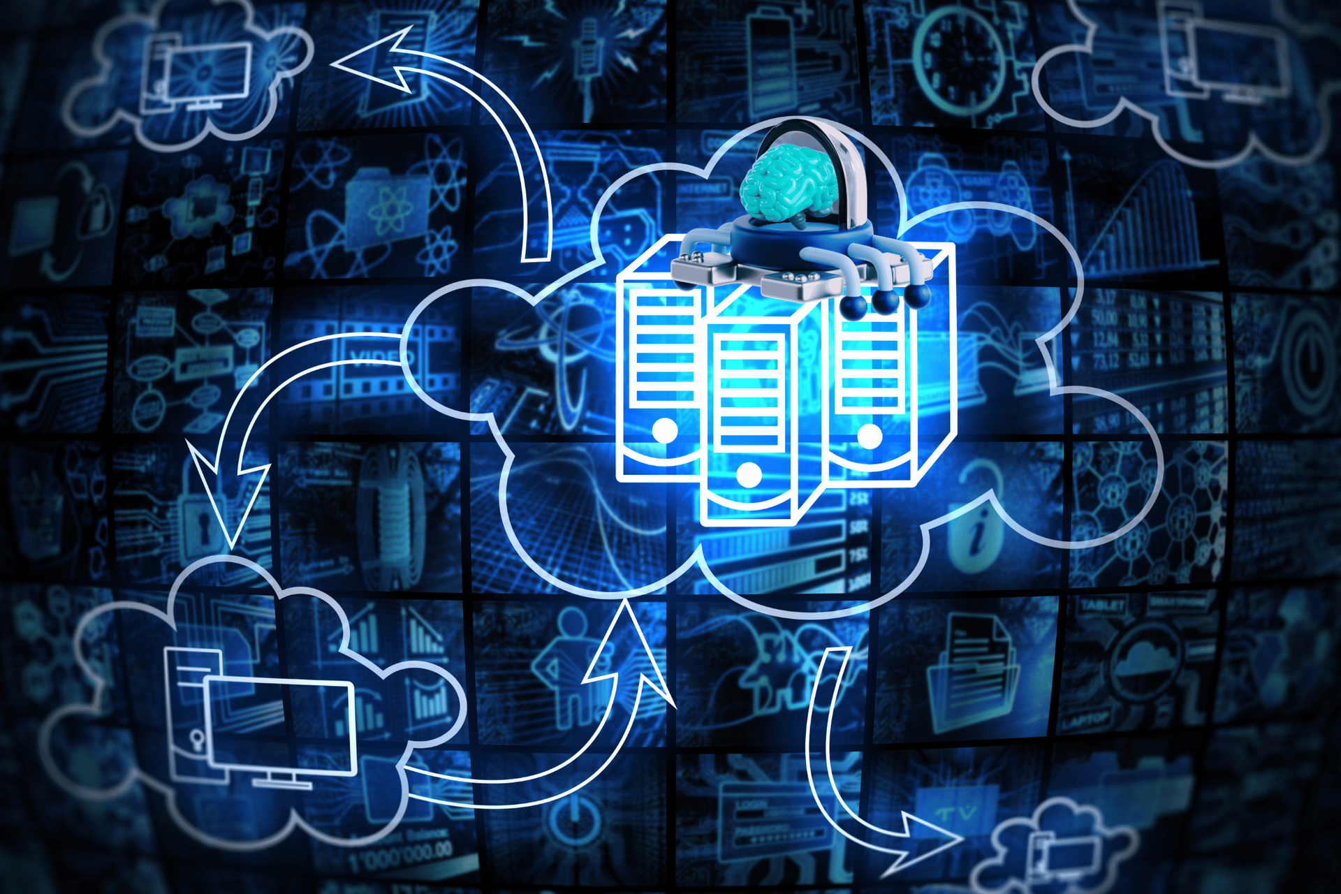 Database Flows. Database inside a cloud routing information to desktops servers