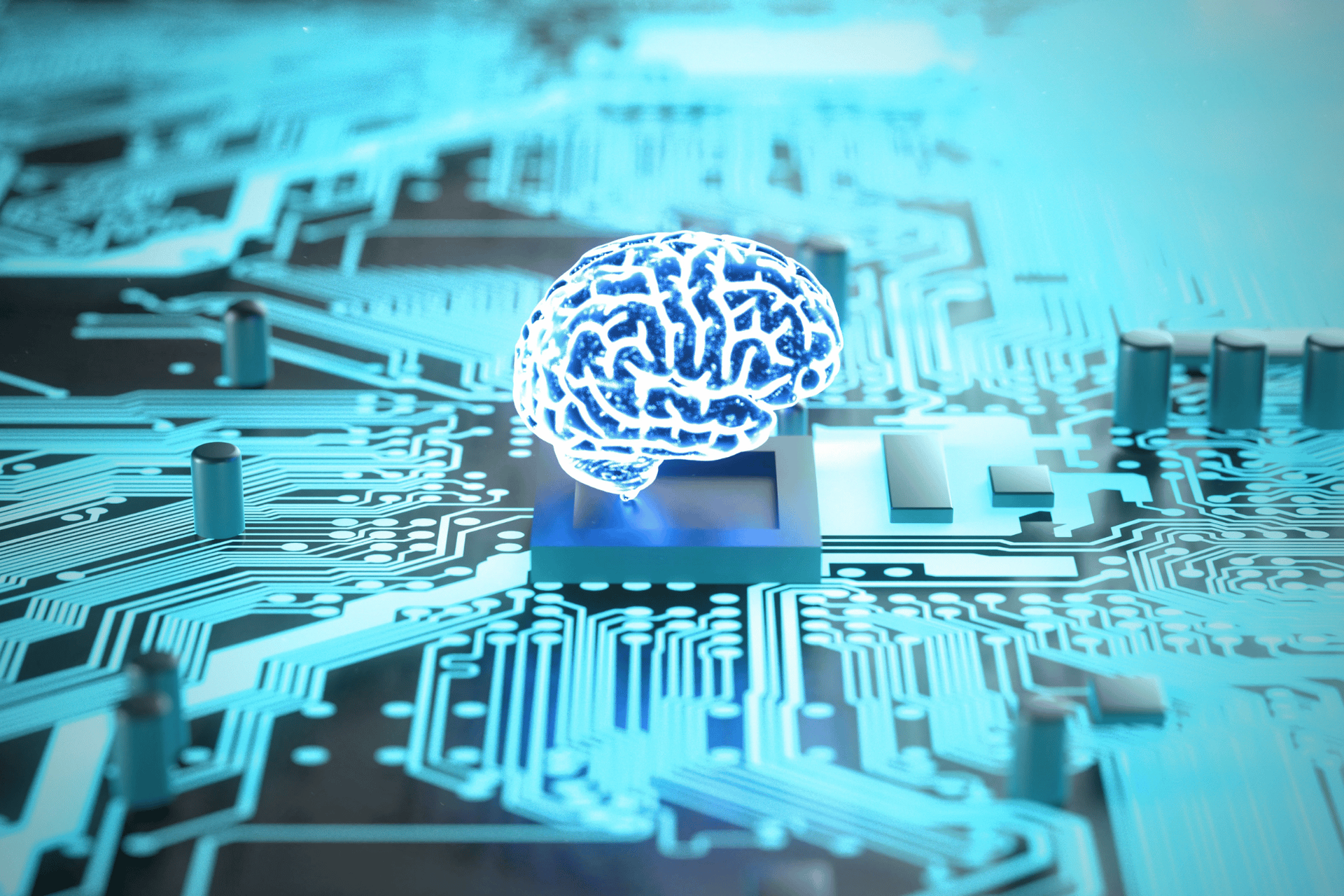 A brain is sitting on top of a motherboard.