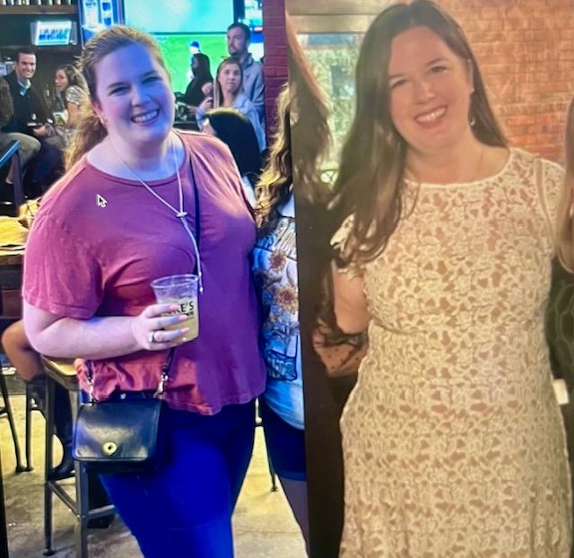 Side-by-side portraits of a woman at a party, in a pink top holding a drink and a white lace dress smiling.