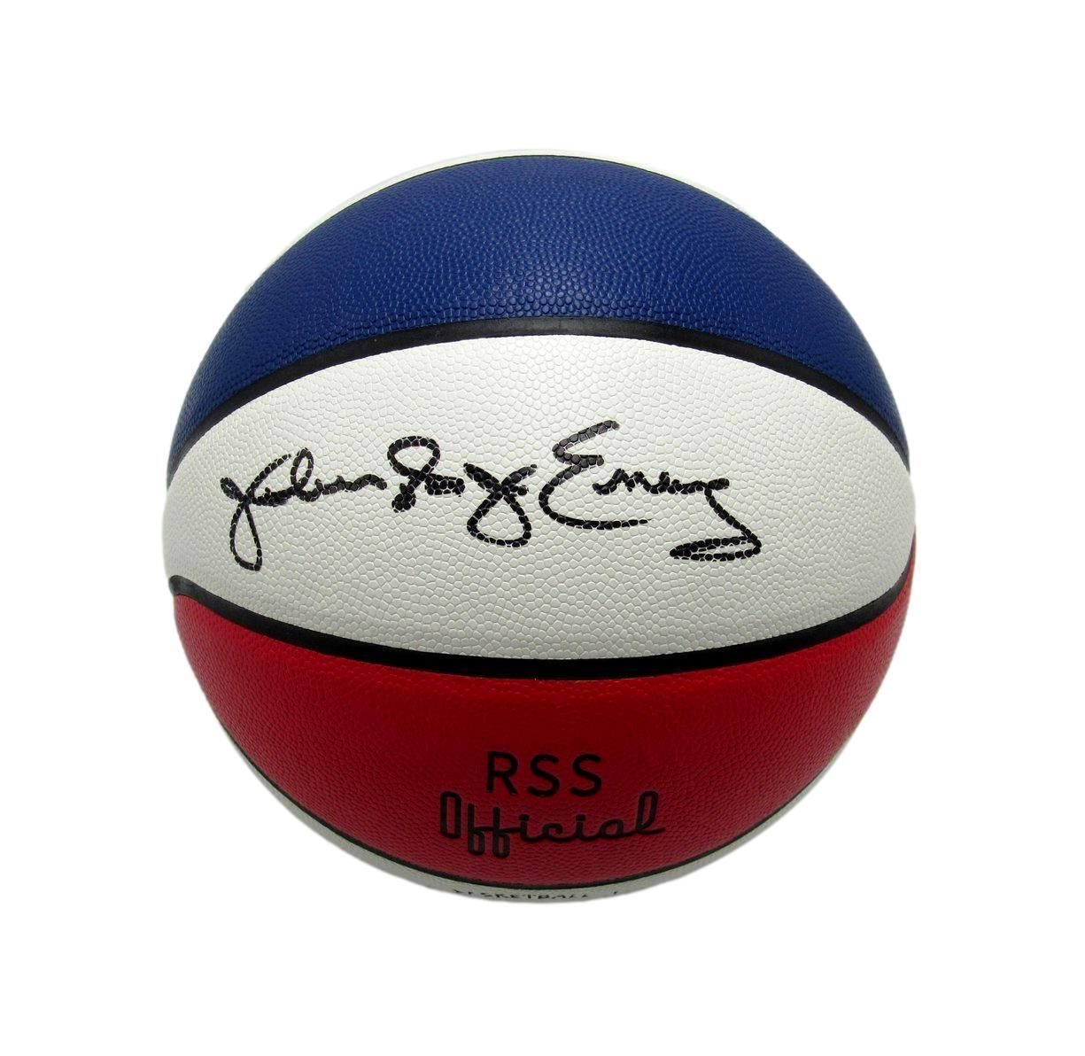 Basketball with blue, white, and red panels, featuring a signature and