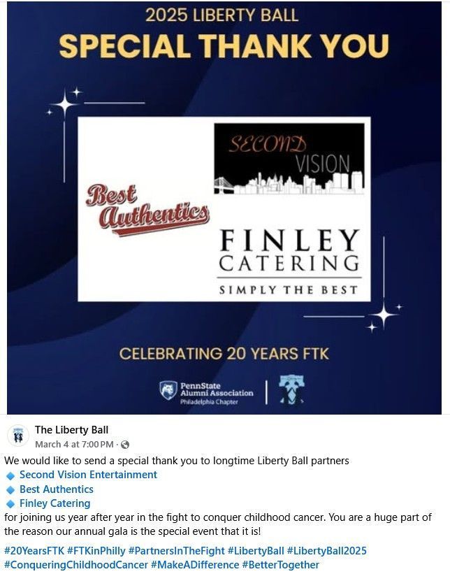A thank you graphic for the 2025 Liberty Ball, recognizing Second Vision, Best Authentics, and Finley Catering.