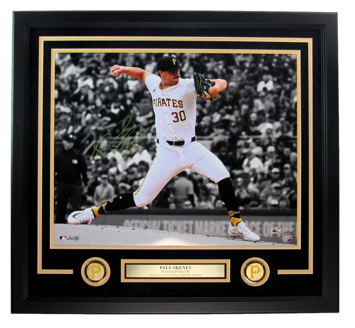 Framed photo of a Pittsburgh Pirates pitcher in action, signed, with gold and black detailing.