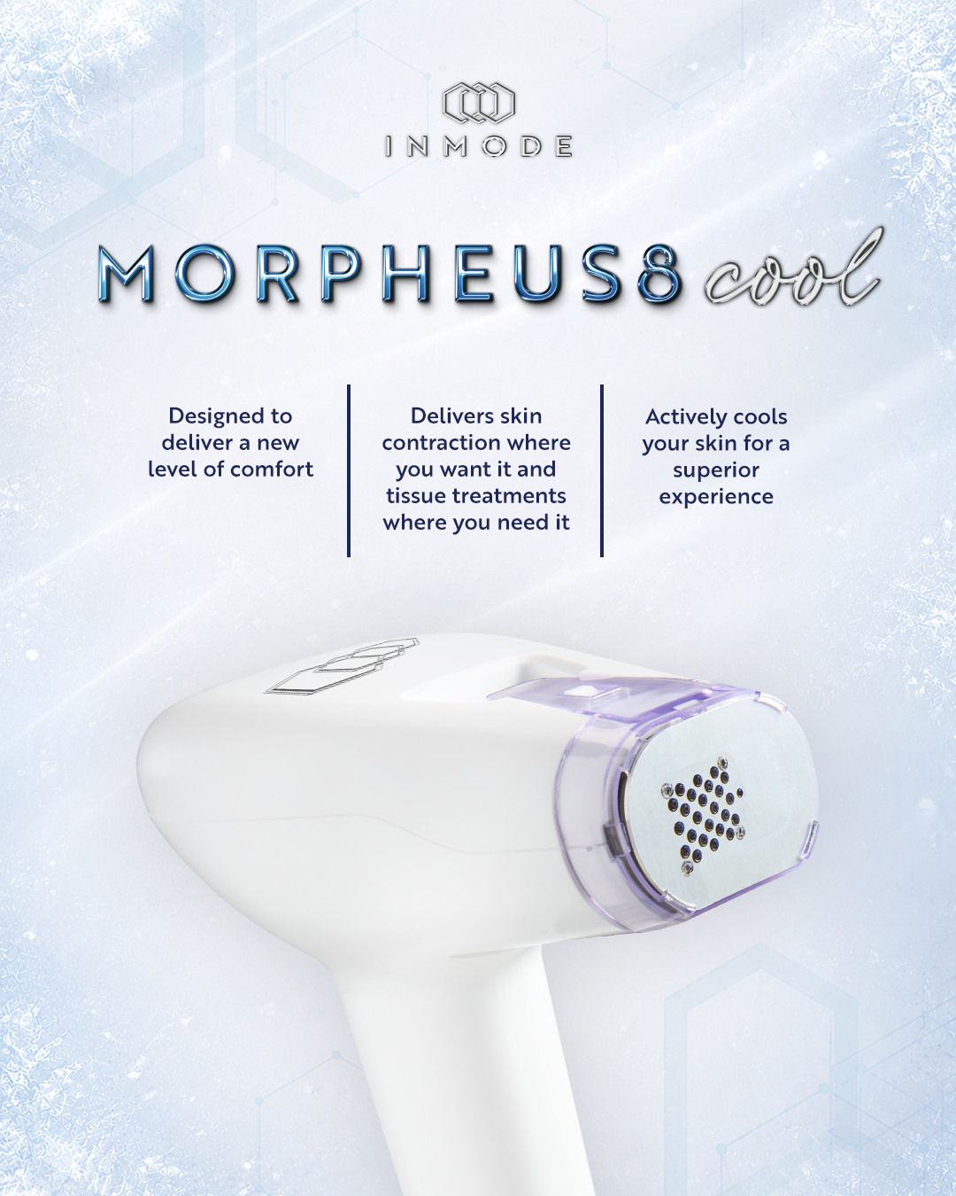 White Morpheus8 skin device on icy blue background with text about lifting, smoothing, and skin tightening
