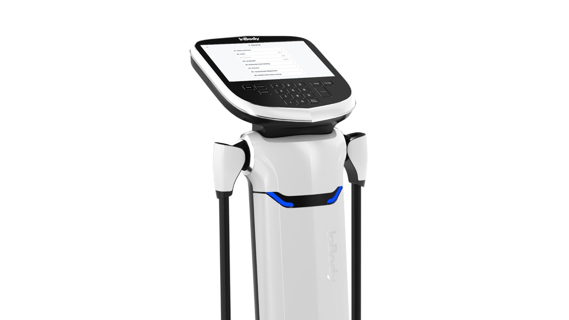 White service robot with touchscreen display and black trim