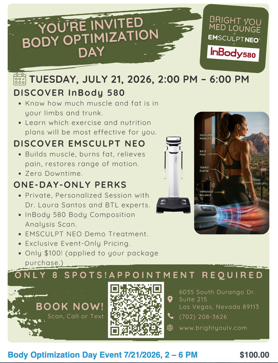 Body optimization day event flyer with green and white text, body scanner, and fitness model photo